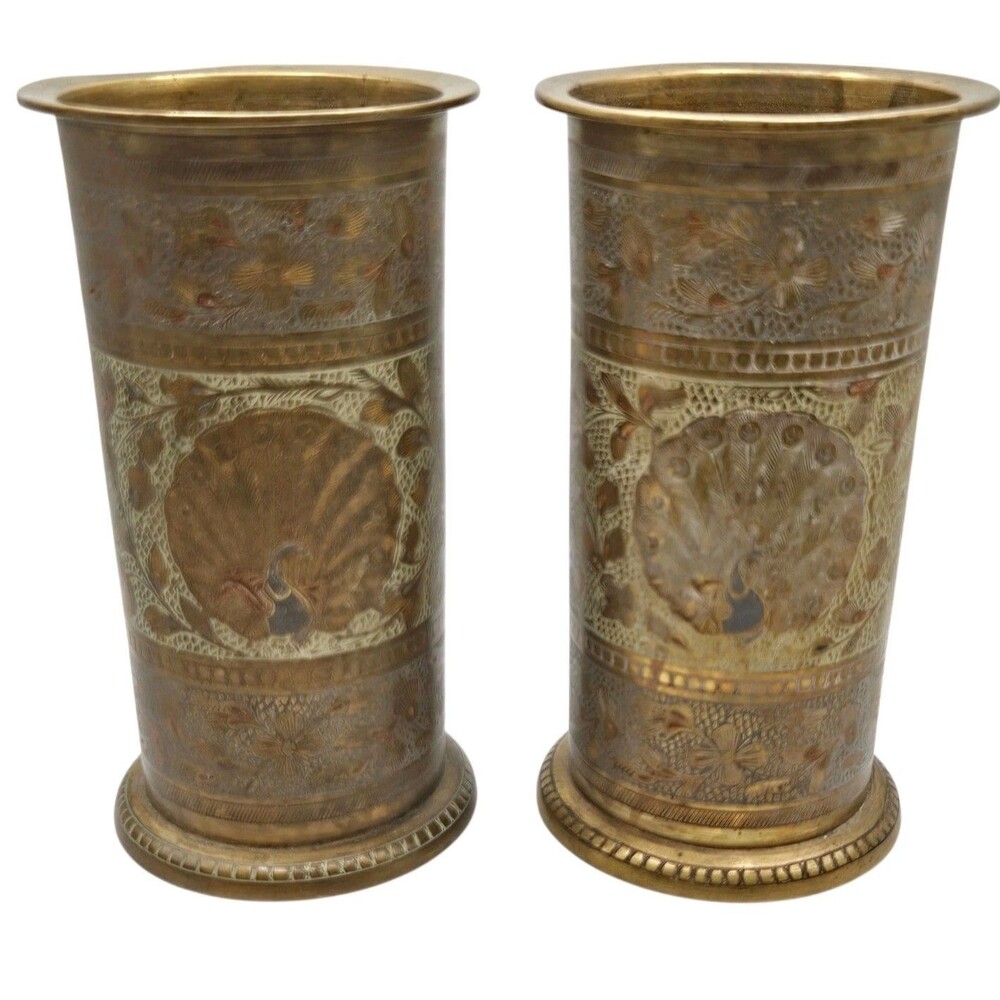 Vintage Etched Brass Indian Vase Pair Or Cups Peacock Design 5" Regency Decor